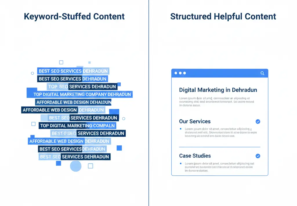 Comparison between keyword-stuffed content and structured helpful content following Google algorithm standards [cite: 16, 17]