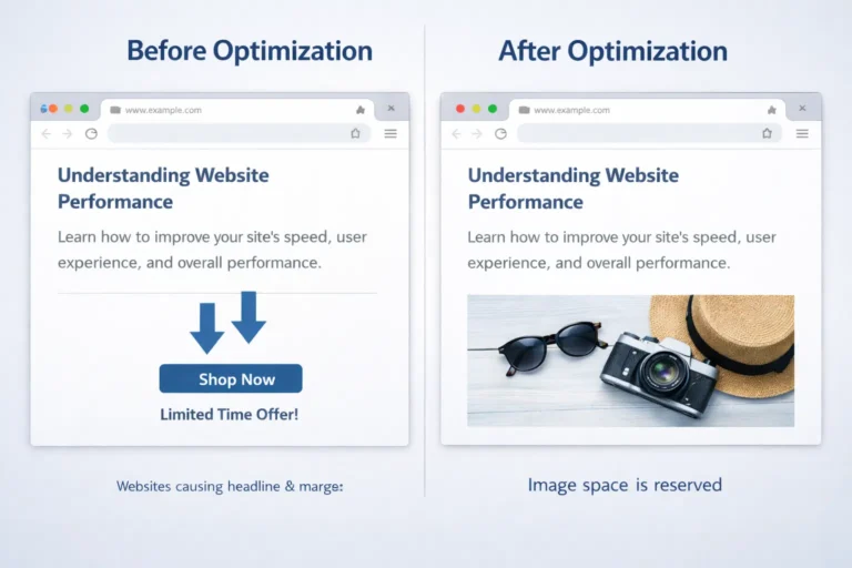 Before and after optimization example showing cumulative layout shift issue fixed by reserving image space