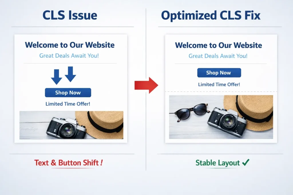 Cumulative layout shift example showing CLS issue with text and button shift vs optimized stable layout fix
