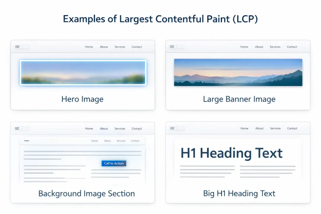 examples of largest contentful paint elements including hero image banner background image and H1 heading