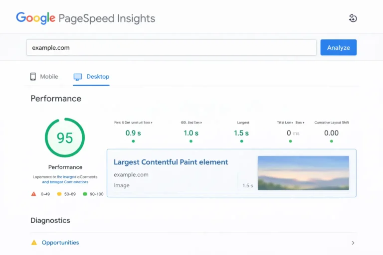Google PageSpeed Insights report showing largest contentful paint element and performance score