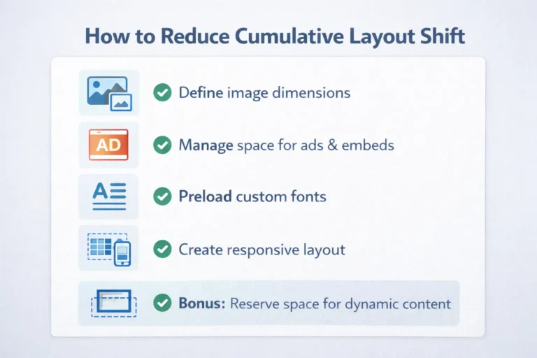How to reduce cumulative layout shift checklist including image dimensions, ads space management, font preload, and responsive layout