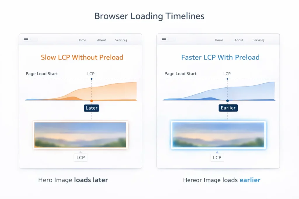 Largest Contentful Paint preload comparison showing faster LCP with preload and slower LCP without preload