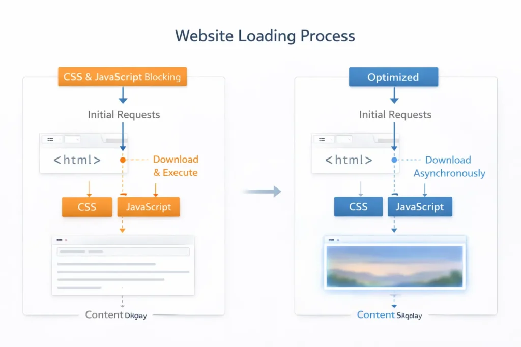 render blocking CSS and JavaScript delaying website loading compared to optimized asynchronous loading