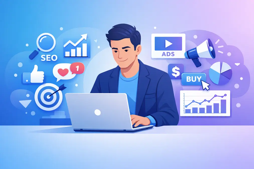 Digital marketing career guide illustration showing online marketing tools and analytics dashboard