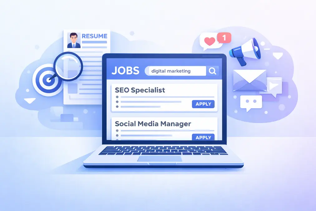 Digital marketing jobs for freshers with job listings on laptop screen
