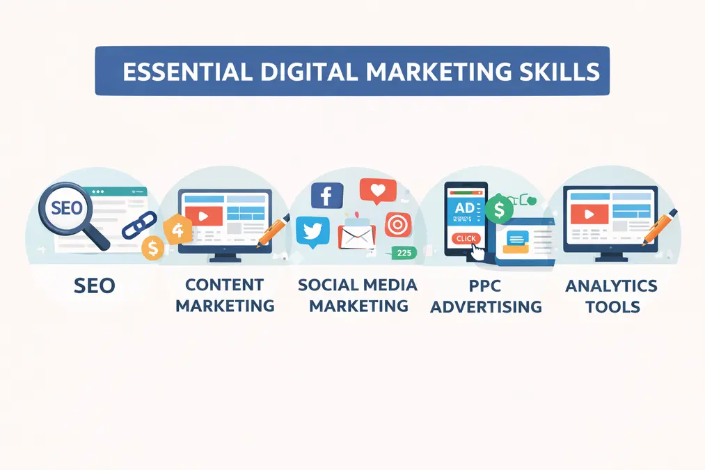 Essential digital marketing skills including SEO content marketing and analytics