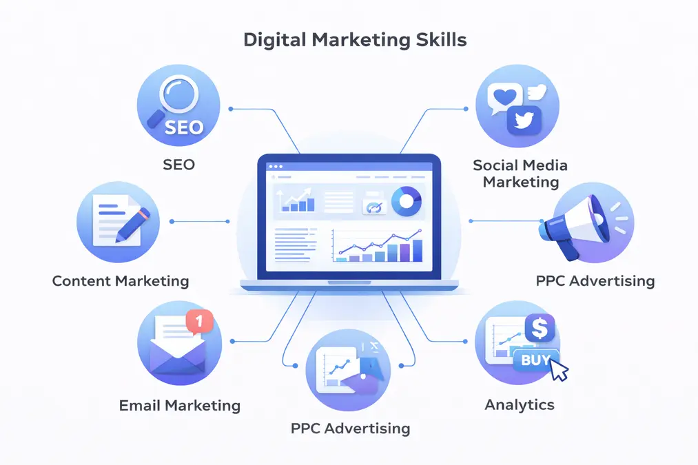Essential digital marketing skills including SEO, social media marketing and analytics