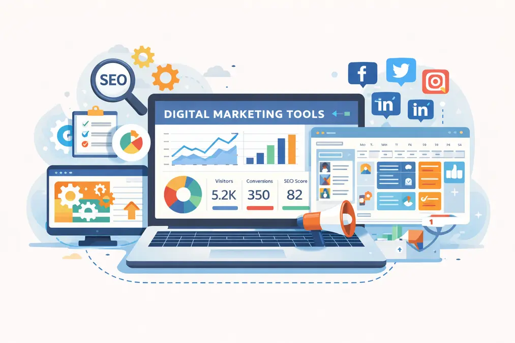 Digital marketing tools dashboard with analytics SEO and social media tools