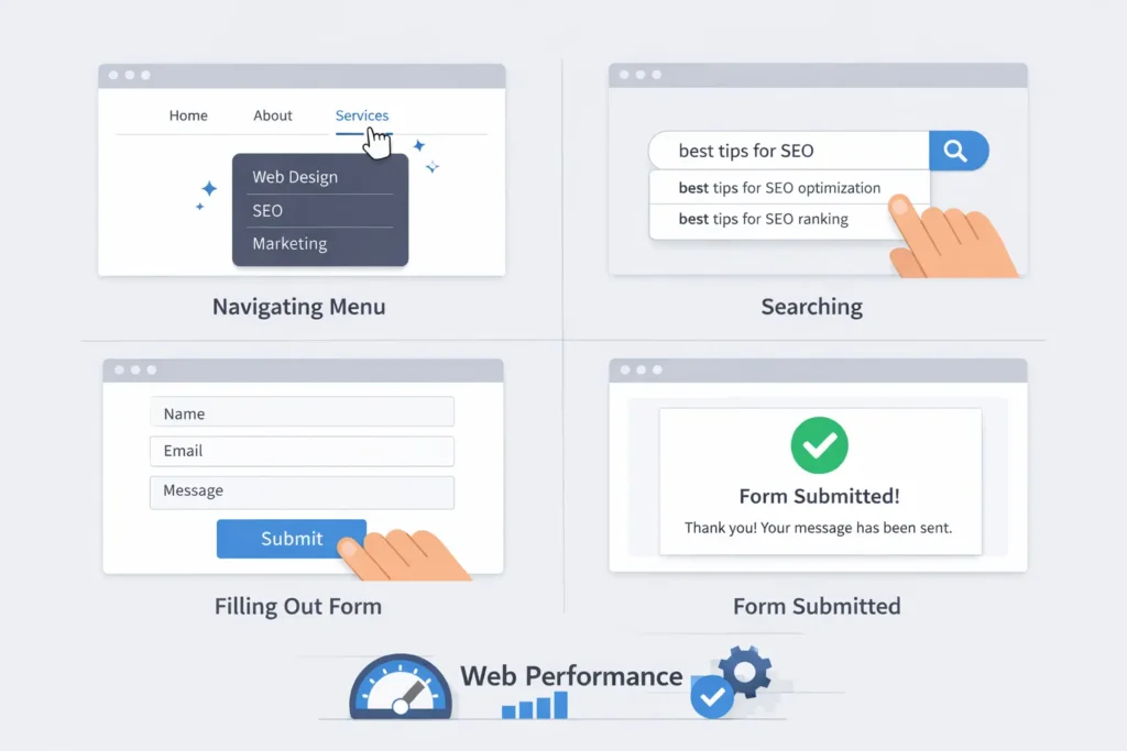 examples of user interactions.webp examples of user interactions affecting INP such as clicking buttons dropdowns and search inputs
