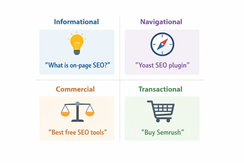 Infographic showing four types of search intent: informational, navigational, commercial, and transactional with examples for each