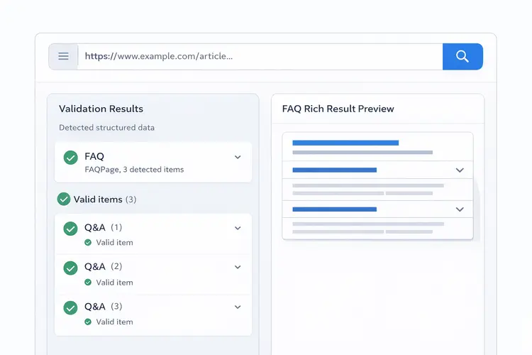 Google Rich Results Test showing valid FAQ schema markup with green success indicators
