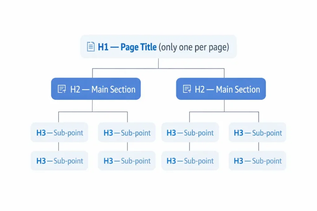 Diagram showing correct heading structure for on-page SEO with one H1, multiple H2s, and H3 sub-sections in a tree layout