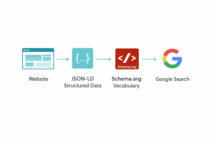 How schema markup works — website to structured data to Google search results flow diagram