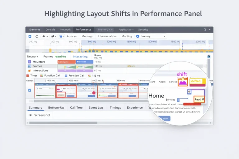 Chrome DevTools performance panel highlighting layout shift regions used to identify cumulative layout shift issues on a website