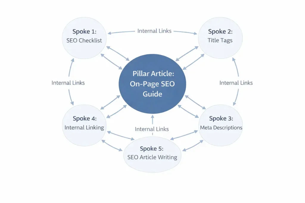 Pillar-cluster internal linking diagram showing a main on-page SEO guide linked to five spoke articles about SEO checklist, title tags, meta descriptions, internal linking, and article writing