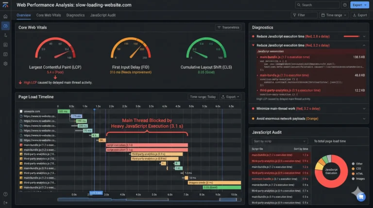 website speed test showing heavy javascript affecting core web vitals performance
