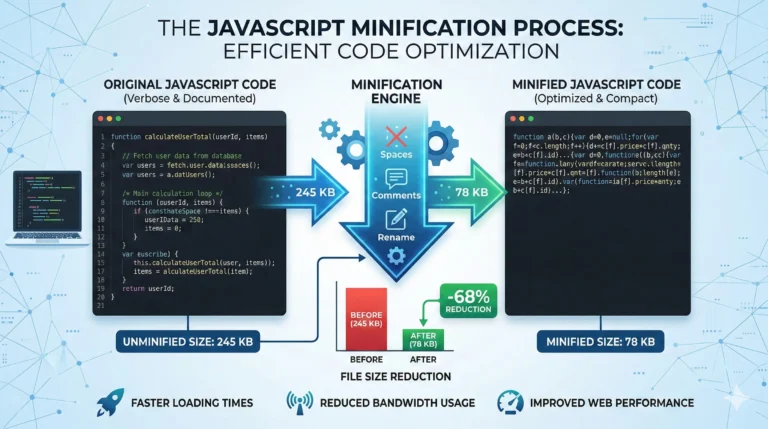 javascript minification process reducing code size to improve website speed