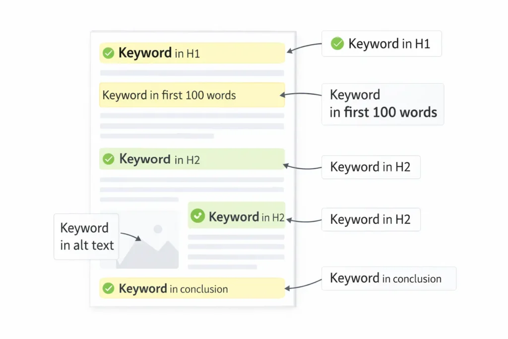 Webpage wireframe diagram showing where to place the primary keyword: in H1, first 100 words, H2 headings, image alt text, and conclusion