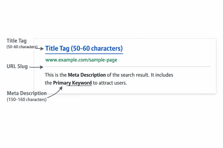 Labeled diagram of a Google search result showing the title tag, URL slug, and meta description with character count guidelines