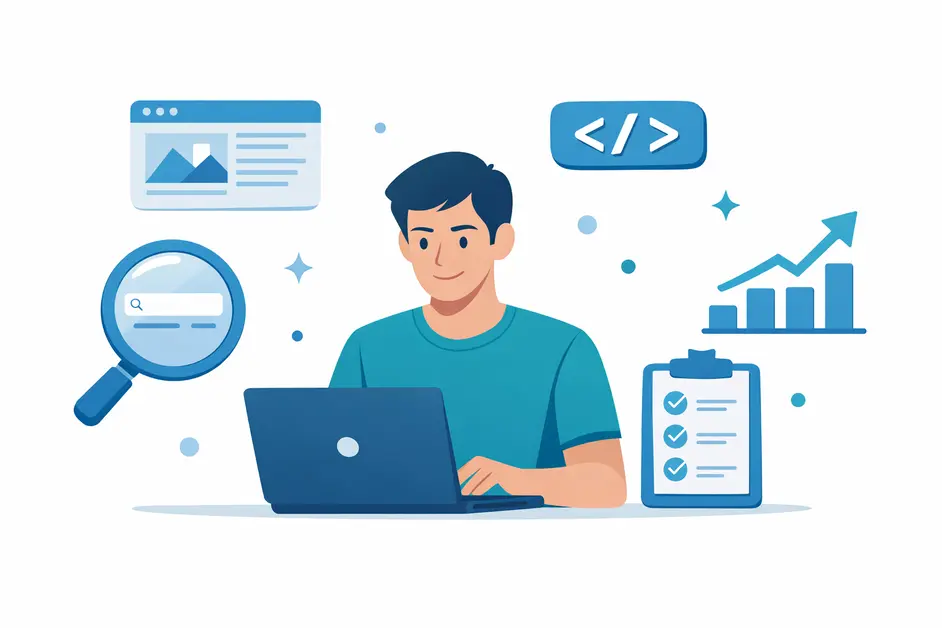 A person optimizing a webpage for on-page SEO with title tags, checklists, and ranking graphs