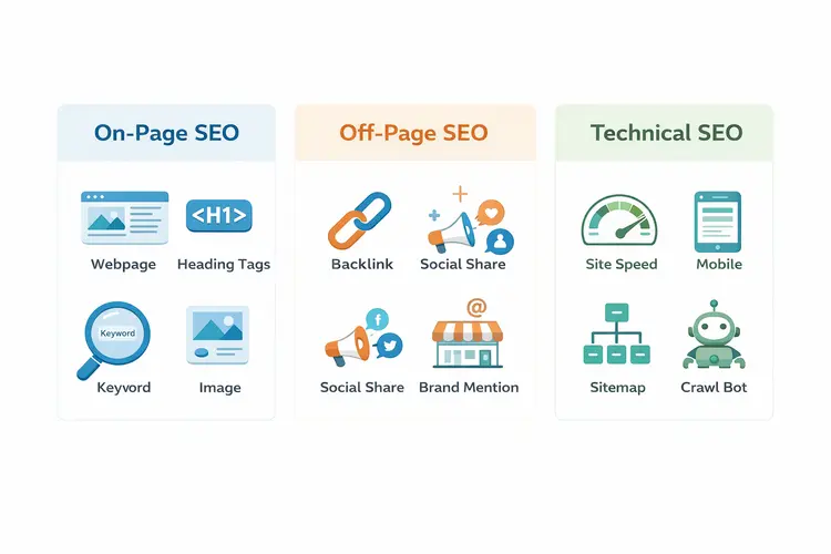 Comparison diagram showing the difference between on-page SEO, off-page SEO, and technical SEO with icons for each