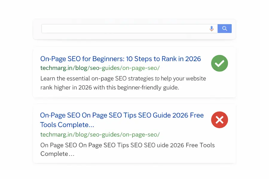 Google SERP mockup comparing a good title tag under 60 characters versus a bad keyword-stuffed title tag that gets truncated