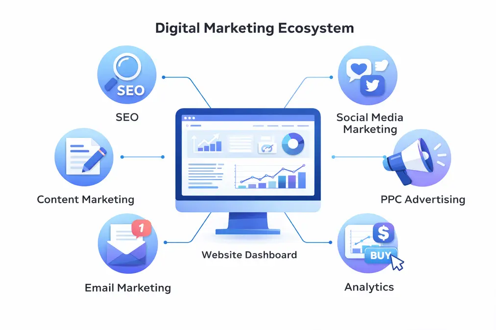 Digital marketing channels diagram including SEO, social media, email marketing and PPC