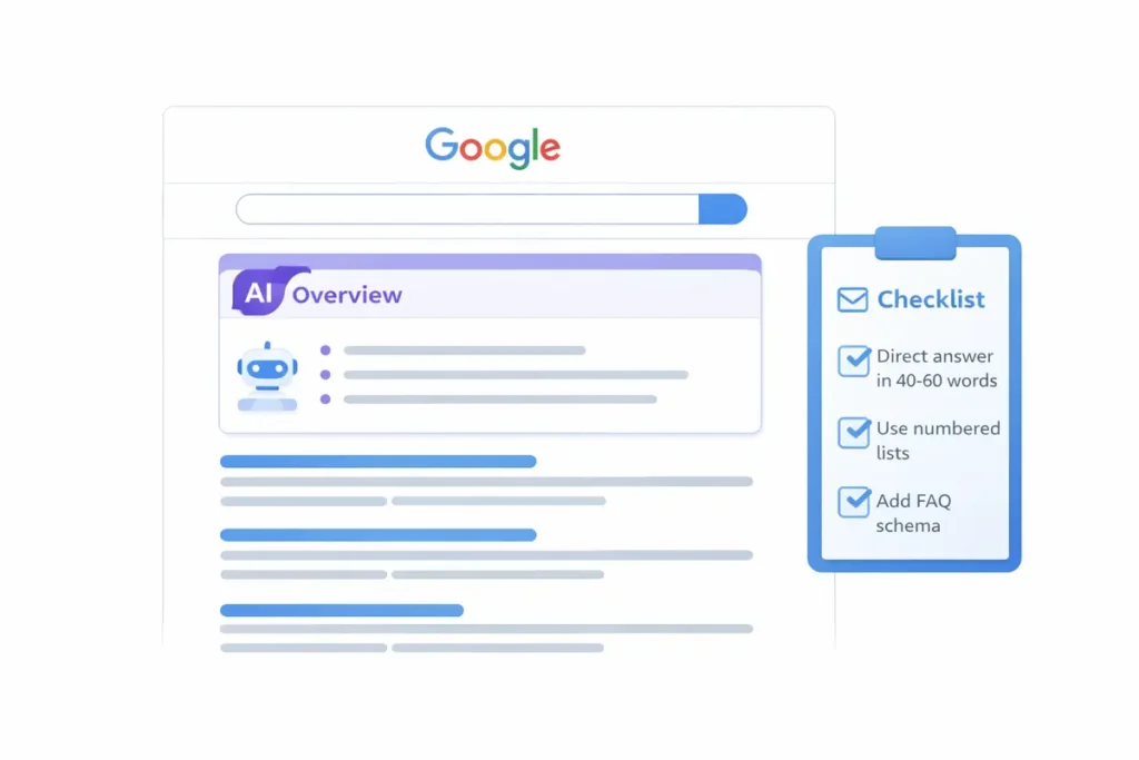 Google AI Overview box appearing above regular search results showing how structured, direct-answer content gets featured in AI-generated search summaries