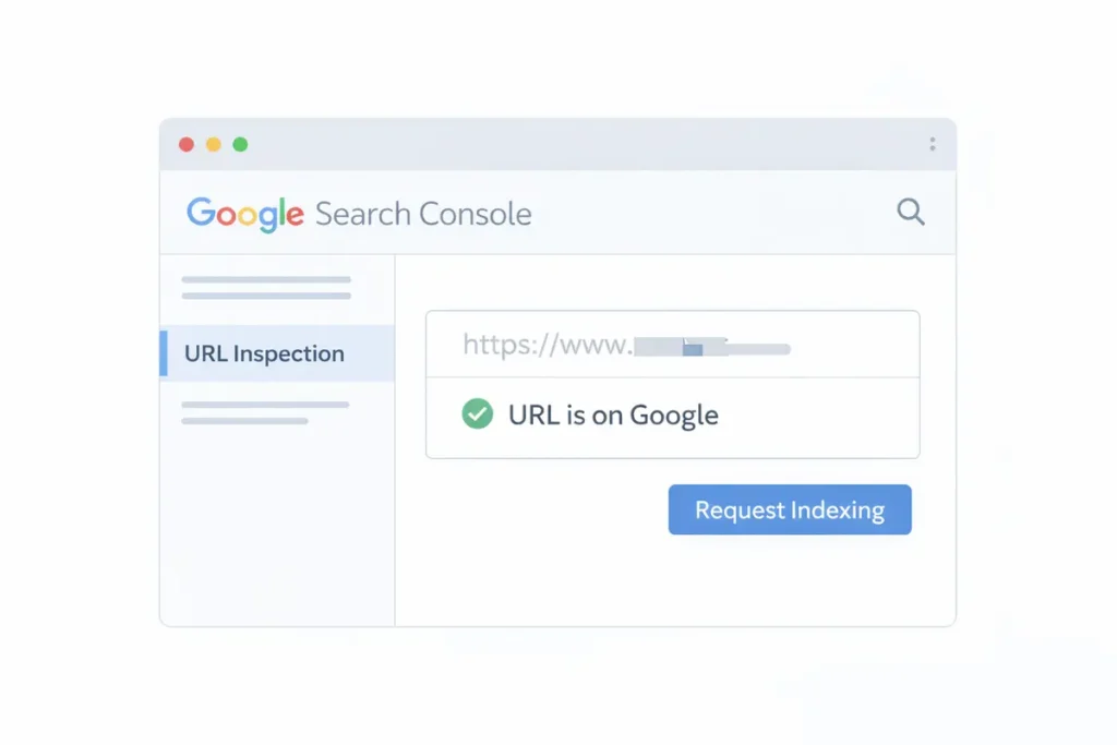 Google Search Console URL Inspection tool showing a page indexed successfully with a Request Indexing button to speed up Google crawling