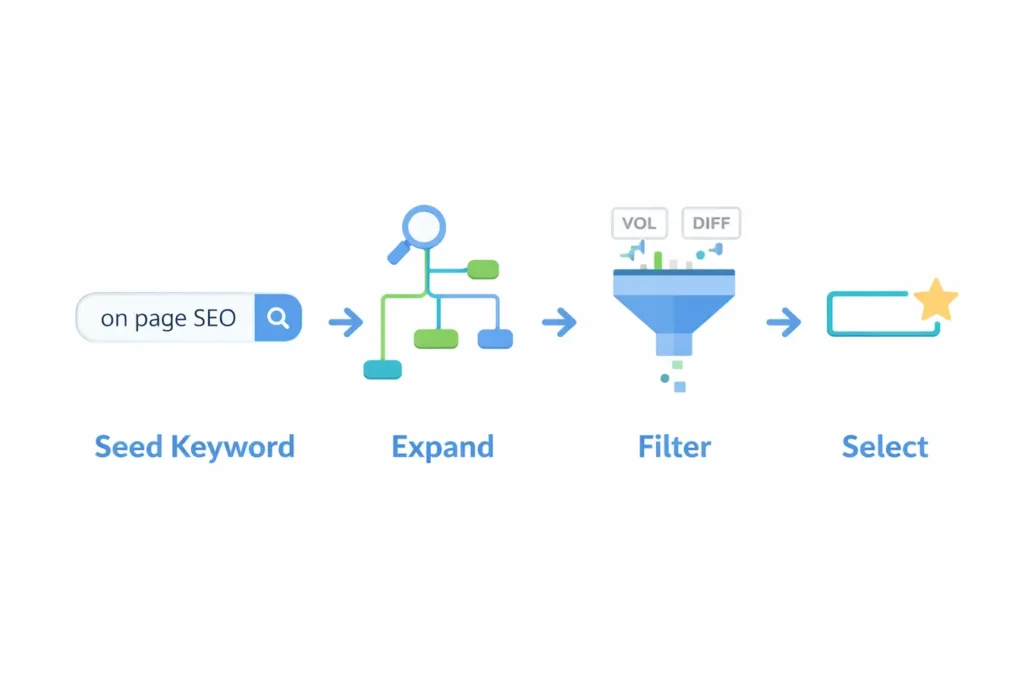 Step-by-step keyword research process showing seed keyword expansion, filtering by search volume and difficulty, and final keyword selection