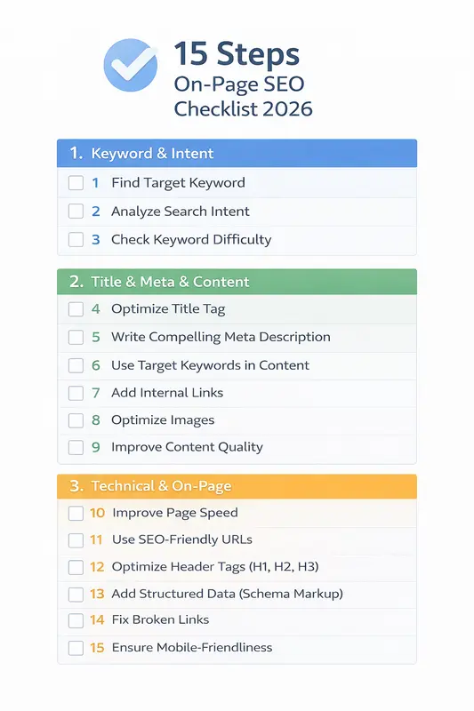 On-page SEO checklist 2026 infographic showing all 15 steps grouped into keyword research, title and meta optimization, and technical SEO categories