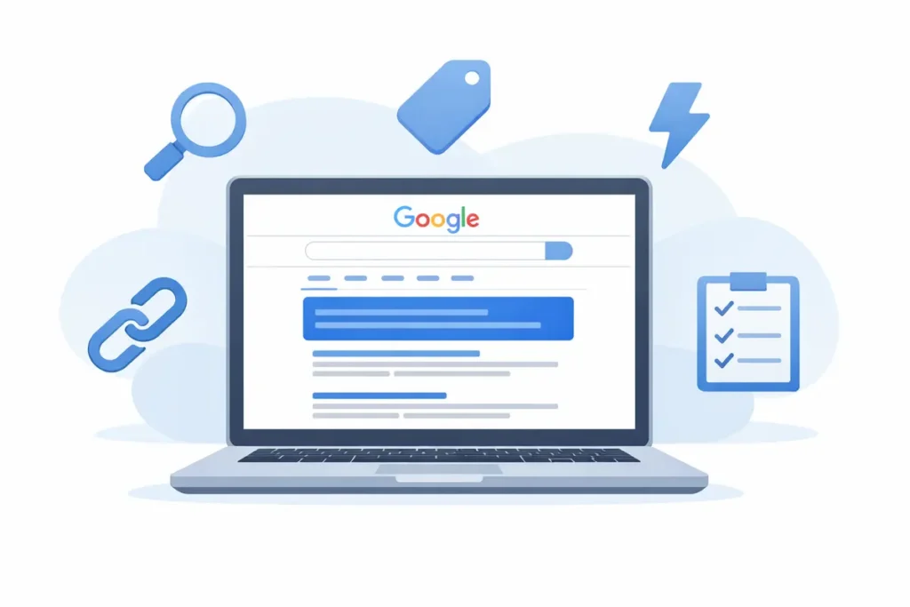 On-page SEO checklist overview showing key elements like title tags, meta descriptions, and internal links that help pages rank on Google