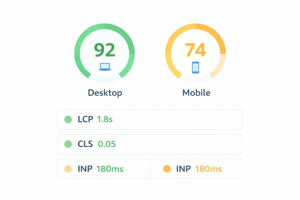 Google PageSpeed Insights score dashboard showing desktop score of 92 and mobile score of 74 with Core Web Vitals metrics LCP, CLS, and INP
