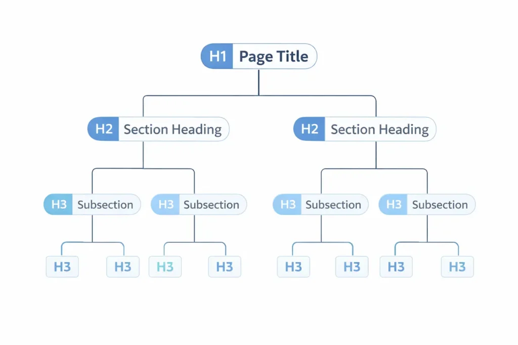 Correct heading structure for SEO showing one H1 at the top, multiple H2 section headings, and H3 subsection headings in a hierarchical tree diagram